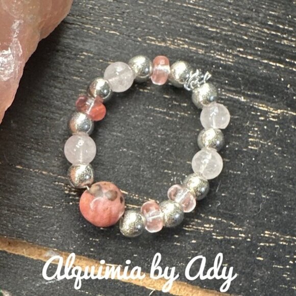 Beaded pink quartz and rhodonite ring - Picture 2 of 2